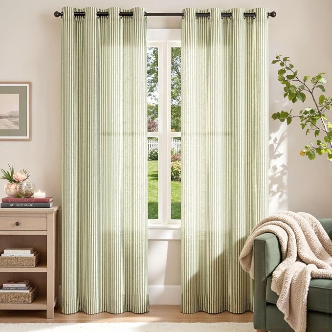 jinchan Linen Curtains 84 Inch Sage Green Stripe on Beige Grommet 2 Panels | Curtains for Living Room Bedroom,Ticking Stripe Pattern,Farmhouse Cottage Core Rustic, Window Treatment,Light Filtering