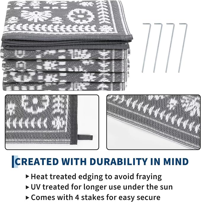 Garvee Reversible Outdoor Rug 5x8 for Patio, Waterproof Outdoor Area Rug, Boho Medallion Indoor Outdoor Carpet for Porch, Plastic Straw Rug for RV, Camping, Deck, Vintage Grey
