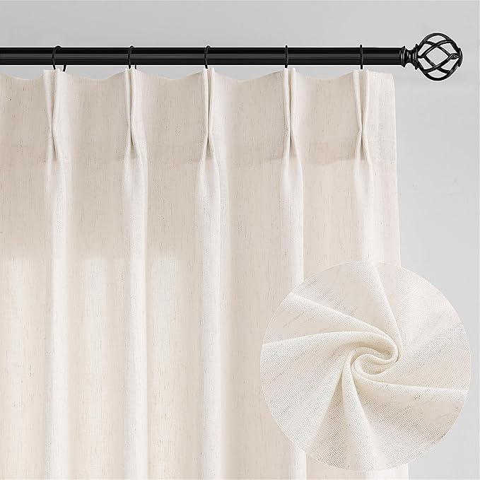 Natural Pinch Pleated Linen Curtains 84 Inches Long Semi Sheer Cream | Light Filtering Privacy, Pleat Drapes, for Living Room Bedroom, with Hooks Rings, Back Tab Drapes, Ivory, farmhouse, 1 Panel