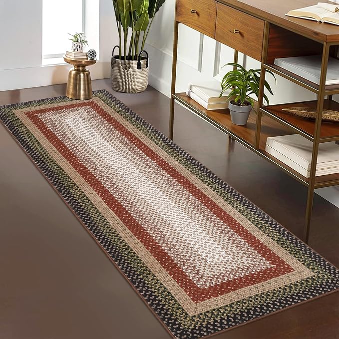 RUGSREAL 2x10 Long Hallway Runner Rug Braided Print Mat Kitchen Runner Rug with Rubber Backing Washable Farmhouse Runner Carpet Rustic Accent Area Rug for Living Room Bedroom Bathroom, Crimson/Earthy