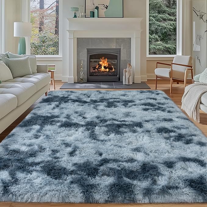 8x10 Area Rugs for Living Room, Dark Blue Tie-Dyed Plush Fluffy Carpet | Upgrade Non-Slip Thick Large Blue Area Rug for Nursery Kids Room Dorm Room Home Decor, Indoor Plush Floor Carpet
