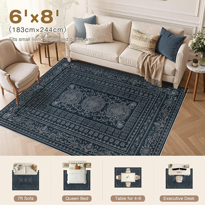Nakagishi 6x8 Area Rugs Living Room: Washable Large Vintage Rug Neutral Non-Slip Soft Stain Resistant Indoor Carpet for Bedroom Nursery Dining Room Office Playroom - Navy