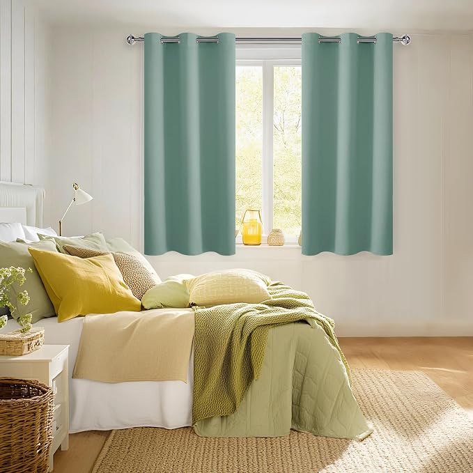 Hiasan Short Blackout Curtains for Bedroom - Thermal Insulated & Light Blocking Window Curtains for Living Room, 2 Drape Panels Sewn with Tiebacks, Sage Green, 42 x 45 Inch