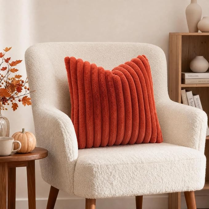 decorUhome Fall Faux Fur Throw Pillow Covers 22x22 Set of 2 Rust | Decorative Soft Cozy Striped Plush Modern Farmhouse Boho Couch Pillow Cases Velvet Back for Sofa Bed Living Room Home Decor