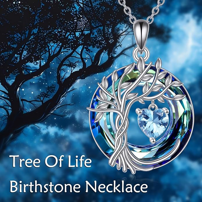 POPLYKE Mothers Day Gifts for Mom Her Wife Tree of Life Necklace 925 Sterling Silver Birthstone Pendant with Crystal Anniversary Birthday Wedding Jewelry for Women