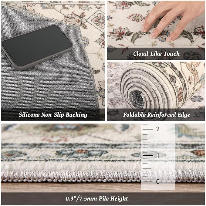 Boho Washable 8x10 Area Rugs for Living Room, Cushioned, Beige | Vintage Non-slip Neutral Oriental Rugs for Bedroom Dining Room Nursery Office High Traffic Area