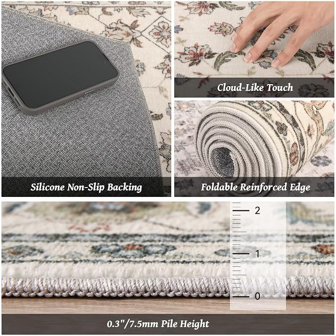 Boho Washable 5x7 Area Rugs for Living Room, Cushioned, Beige | Vintage Non-slip Rugs for Bedroom Dining Room Nursery Office, 0.3" Neutral Oriental Throw Thin Carpet, Beige/Sage Green