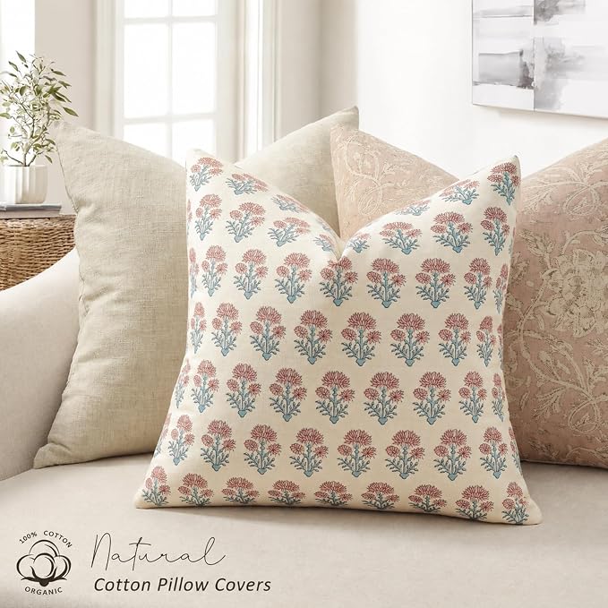Farmhouse Floral Pillow Covers 20x20 Set of 2, Country Botanical Throw Pillow Cover for Sofa Couch Bed Living Room, Earthic Vintage Flower Cushion Covers Cottage Home Decor,Coastal Sky
