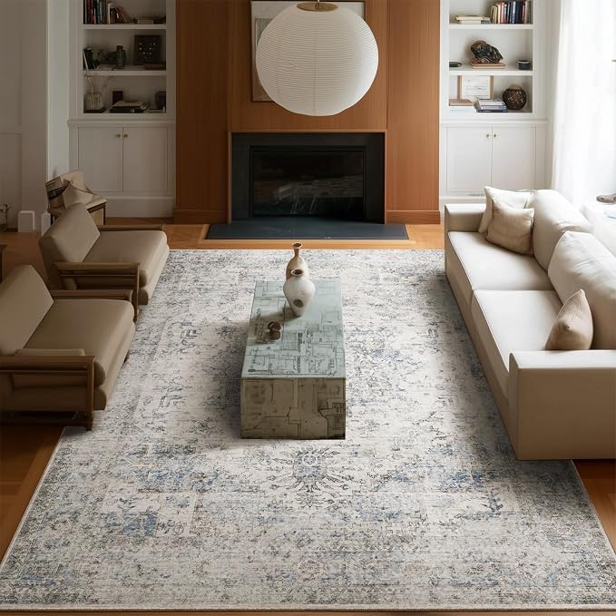 Machine Washable Rugs for Living Room: 8x10 Area Rugs for Bedroom Ultra Soft Non-Slip Low Pile Vintage Distress Boho Large Carpet for High-Traffic Dining Room - Farmhouse Decor