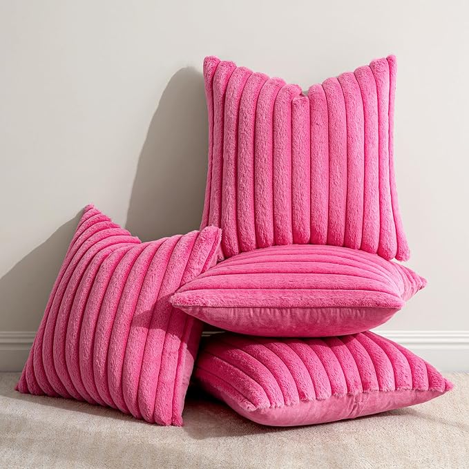 MIULEE Faux Fur Plush Decorative Throw Pillow Covers 20x20 Set of 4, Modern Soft Fuzzy Striped Cushion Covers for Sofa Couch Bed Living Room Cozy Home Decor,Hot Pink