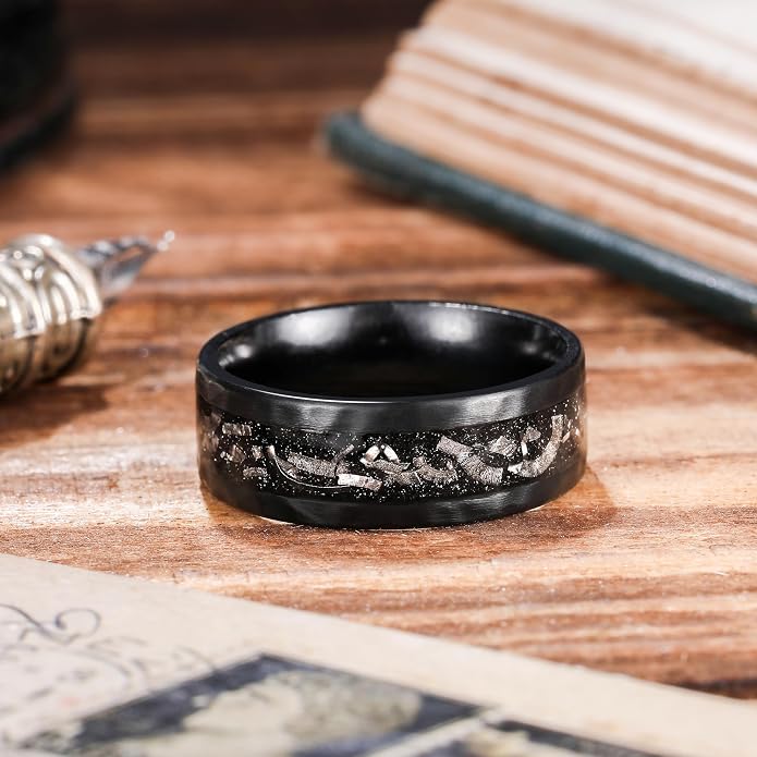 King Will 8mm Silver Hammered Titanium Ring Center Inlaid Wood Wedding Band for Men Hammered Wood Titanium Rings Polish Comfort Fit