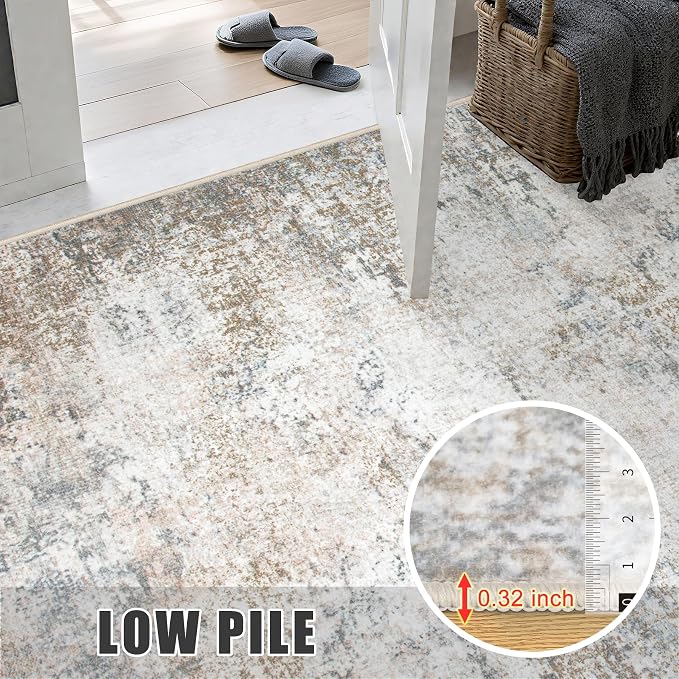 Washable Area Rug 3x5 Entryway Rug: Washable Modern Abstract Soft Thin Rug Indoor Floor No Slip Stain Resistant Carpet for Bedroom Dining Room Farmhouse Nursery Home Office - Brown Grey