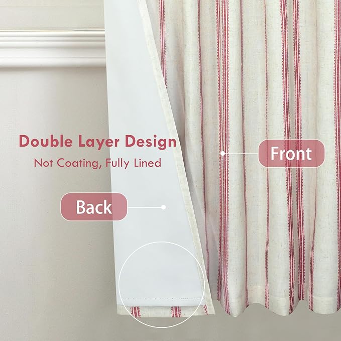 DriftAway Farmhouse Stripe Blackout Curtains, W52xL36, Red | Blackout, Linen Texture, Stripe Pattern, Rod Pocket & Back Tab, Two Layers, Bedroom Living Room Use, Sound Reducing Design