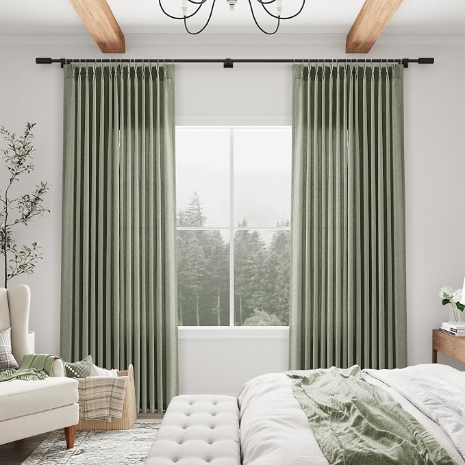 Aersas Light Sage Linen Pinch Pleat Curtains 102 Inches for Living Room Bedroom Light Filtering Sliding Glass Door Drapes Semi Sheer Privacy Flax Curtain Farmhouse Boho Home Decorations 40x102
