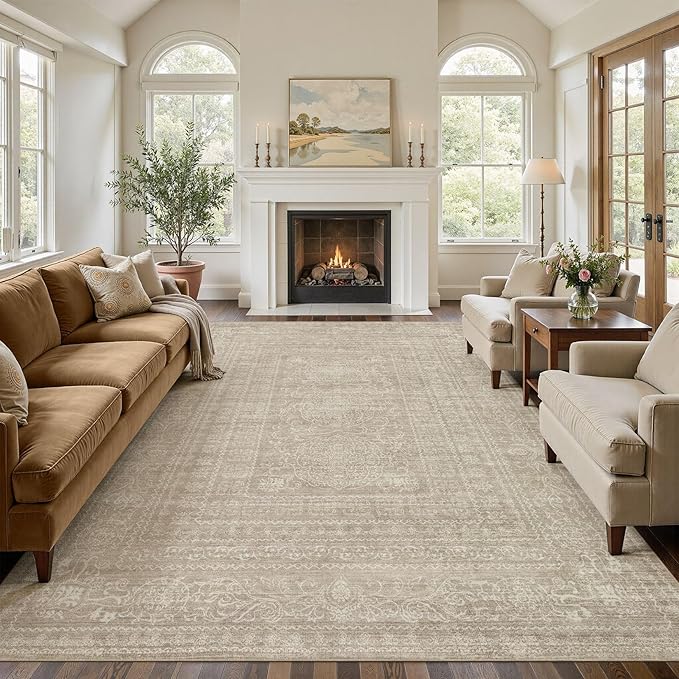 Nakagishi 10x12 Area Rugs Living Room: Washable Large Vintage Rug Neutral Non-Slip Soft Stain Resistant Indoor Carpet for Bedroom Nursery Dining Room Office Playroom - Brown