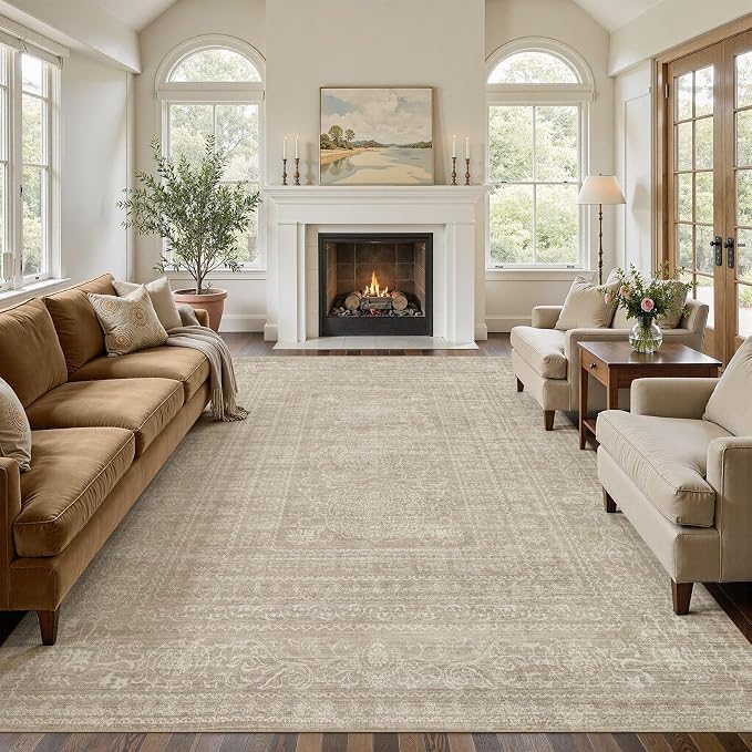 Nakagishi 10x14 Area Rugs Living Room: Washable Large Vintage Rug Neutral Non-Slip Soft Stain Resistant Indoor Carpet for Bedroom Nursery Dining Room Office Playroom - Brown