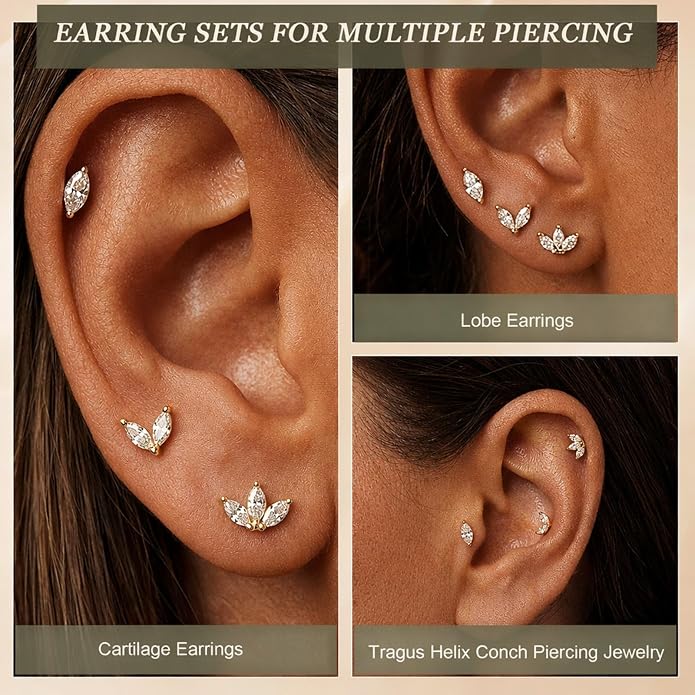 3 Pairs 20G Flat Back Earrings, G23 Titanium Hypoallergenic CZ Studs, 14K Gold Cartilage Helix Tragus Conch Piercing Jewelry for Women