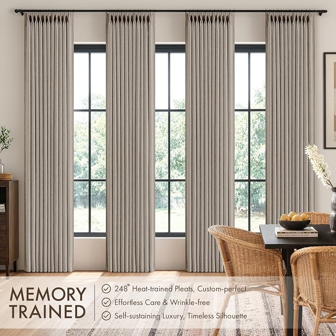 MIULEE 4 Panels Set Taupe Pinch Pleated Linen Curtains 96 Inches Long for Living Room Bedroom, Memory Trained Pinch Pleat Drapes Light Filtering Burlywood Brich Semi Sheer Window Curtains Hooks Rings