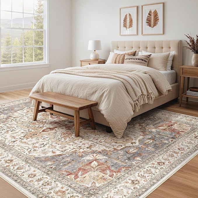 Tortania Area Rug Living Room Rugs - 12x15 Washable Boho Rug Vintage Oriental Distressed Farmhouse Large Thin Indoor Carpet for Living Room Bedroom Under Dining Table Home Office - Orange Multi