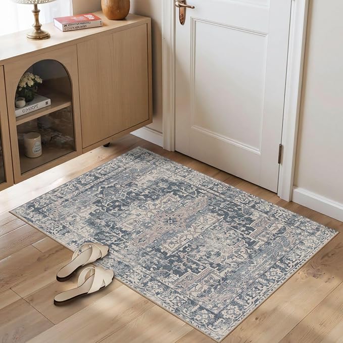 Rugxara 2x3 Entryway Rug Door Mat, Washable Samll Rug, Non Slip, Blue | Rug for Entry Entrance Bathroom Kitchen, Stain Resistant, Soft Throw Accent Rug, Low Pile Front Door Mat, Vintage Boho Carpet