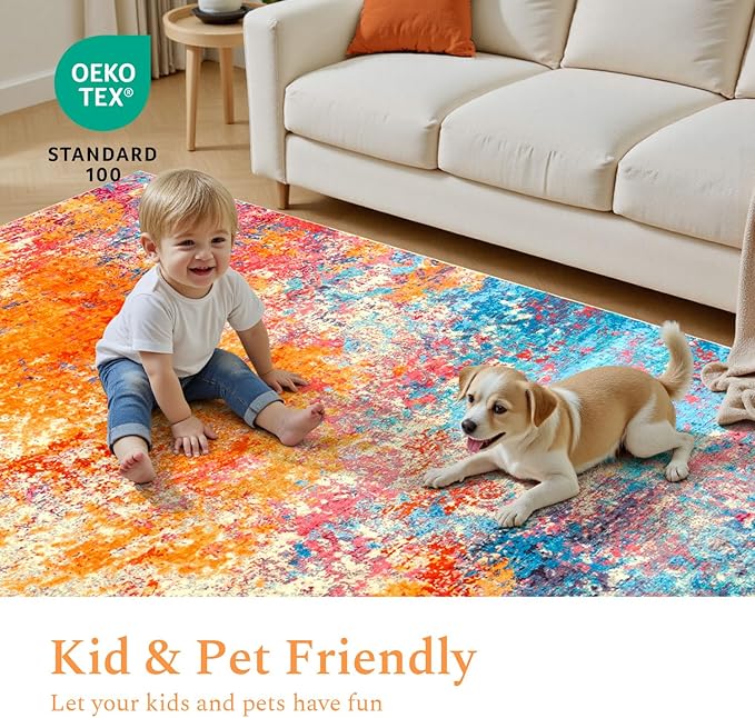 Rugflix 6x9 Area Rugs for Living Room, Washable Colorful Rainbow Rug Stain-Resistant Low Pile, Large Carpet Non-Slip for Kids Girls Room Nursery Bedroom Home Office