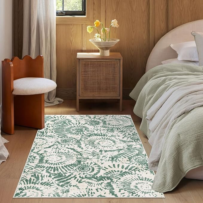 BLISSA Washable 3x5 Entryway Rug - Ultra Thin Fresh Green White Modern Non-Slip Small Front Door Mat Indoor Entrance Soft Geometric Boho Neutral Abstract Area Rugs for Bedroom Kitchen Mudroom Foyer