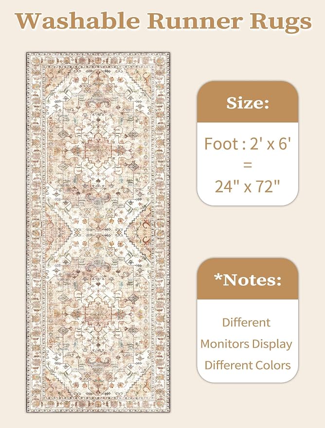 SERISSA Boho Washable Runner Rug, 2x6 Rug Non-Slip Vintage Peach Cream Hallway Kitchen Runner Rug Ultra Soft Print Distressed Floor Carpet for Bedroom Bathroom Laundry Living Room