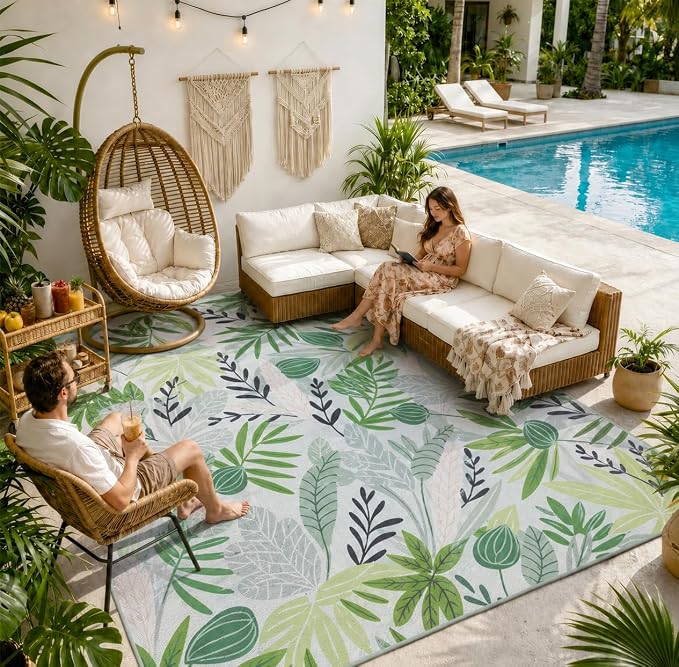 Lahome Leaf Indoor Outdoor Rugs, 6x9ft Non Slip Outdoor Patio Rug for Camping Picnic, Soft Outdoor Area Rug for Balcony Deck Backyard, Washable RV Outdoor Rugs for Living Room Bedroom,Green