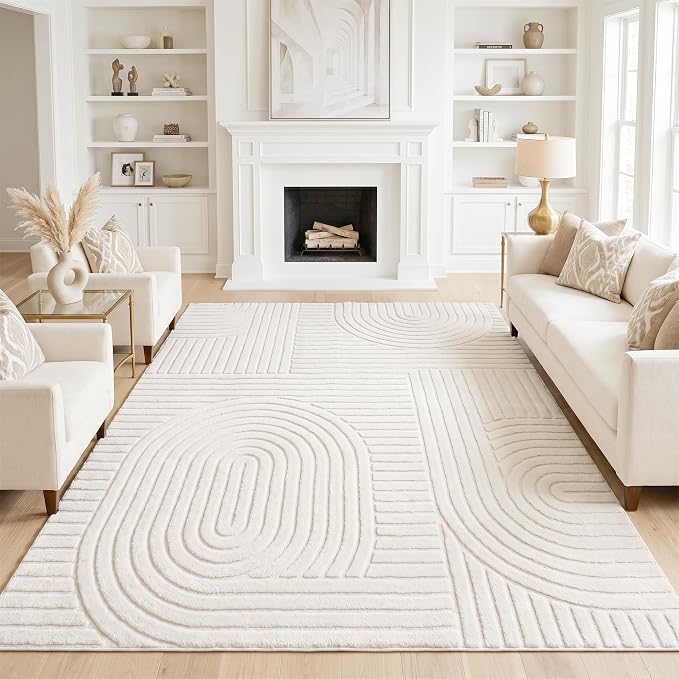 Beige 5x7 Geometric Solid Color Area Rugs, Washable Living Room Rug | Ultra Soft Plush Modern Boho Carpet, High-Low Pile 3D textured, Durable Non-Slip Rugs for Bedroom, Kids Room, Nursery, House