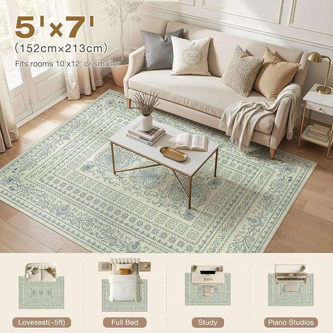 Nakagishi 5x7 Area Rugs Living Room: Washable Large Vintage Rug Neutral Non-Slip Soft Stain Resistant Indoor Carpet for Bedroom Nursery Dining Room Office Playroom - Forest Green