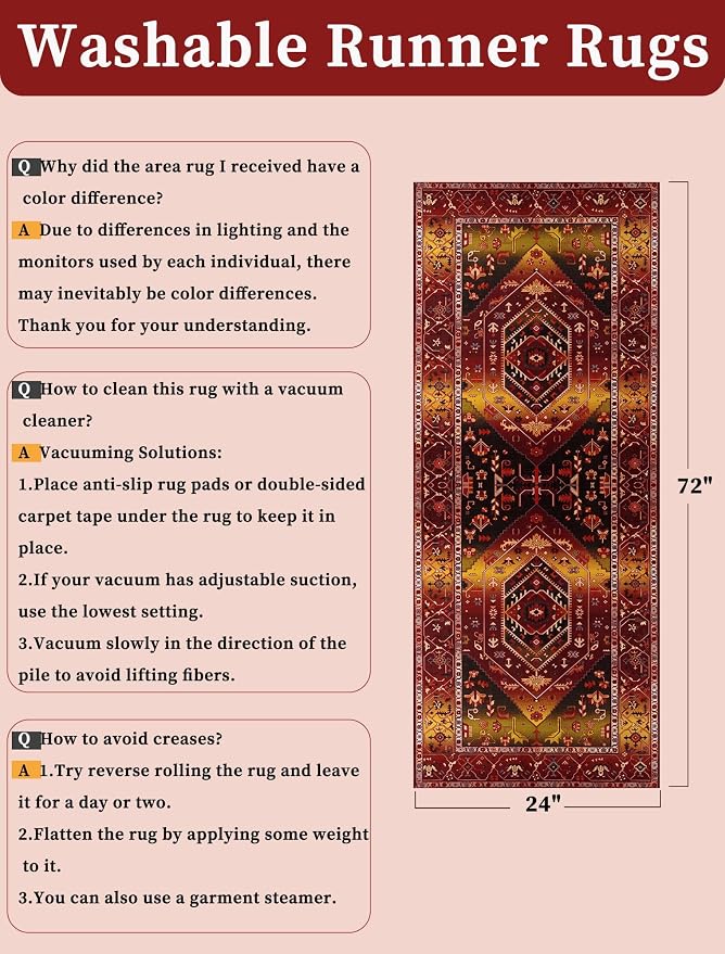 SERISSA Boho Washable Runner Rug, 2x6 Rug Runner Non-Slip Vintage Rustic Red Gold Hallway Kitchen Runner Rug Ultra Soft Print Distressed Floor Carpet Runner for Bedroom Bathroom Laundry Living Room