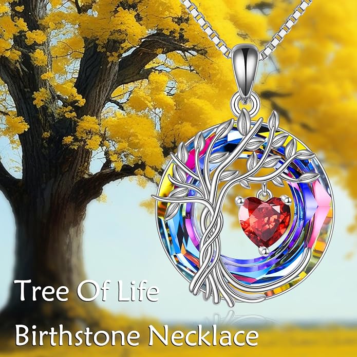 POPLYKE Mothers Day Gifts for Mom Her Wife Tree of Life Necklace 925 Sterling Silver Birthstone Pendant with Crystal Anniversary Birthday Wedding Jewelry for Women