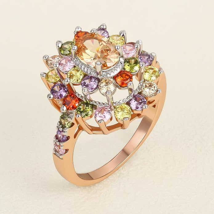 JIANGYUE Multicolor Cubic Zirconia Ring Rhodium Rose Gold Plated Multi-Stone Ring for Women Fashion Jewelry
