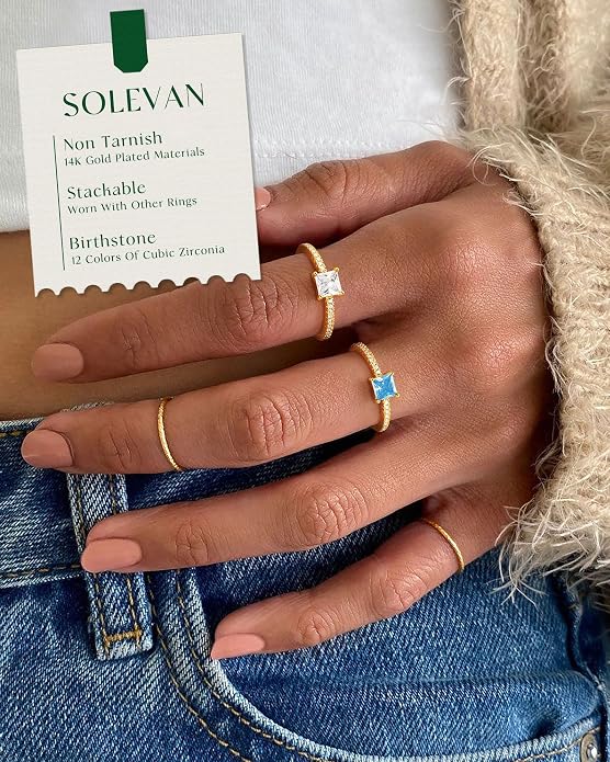 Birthstone Gold Rings for Women Non Tarnish 14K Gold Plated Stackable Cubic Zirconia Thumb Rings Dainty Cute Emerald Eternity Band Pinky Ring Engagement Wedding Promise Rings Jewelry Gifts