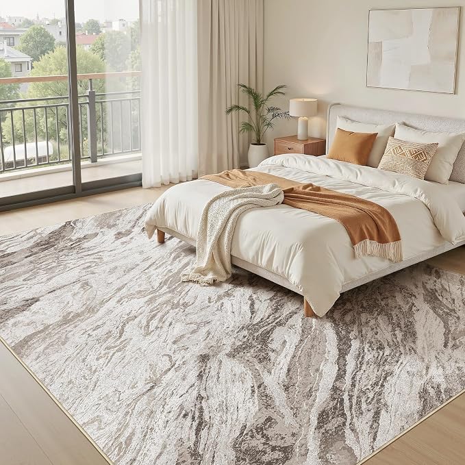 Area Rugs for Living Room: 12X15 Abstract Washable Rug Modern Neutral Large Soft Stain Resistant Non-Slip for Bedroom Dining Room Indoor Home Office Carpet - Brown