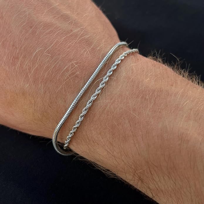 Mens Bracelet - Dainty Gold/Silver Chain Bracelet Stack 14K Gold Plated Silver Bracelets for Men Stainless Steel Adjustable Cross Charm Cuban Link Bracelet Snake Jewelry Set to Men Dad Birthday Day