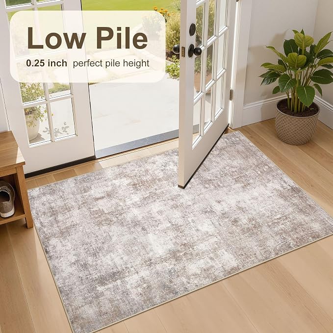Neutral Washable Area Rug 3x5, Abstract Small Rugs for Entryway | Modern Abstract Carpet, Stain Resistant and Kid & Pet Friendly, Joint-Friendly Indoor Rug, Made for Entryway Bathroom - Brown
