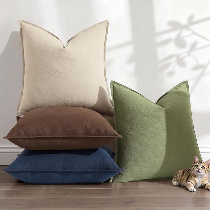 decorUhome Fall Brown Linen Throw Pillow Covers 18x18 Set of 2 | Decorative Soft Cozy Modern Farmhouse Boho Accent Pillow Cases with Flange Edges for Couch Bed Sofa Living Room Home Decor