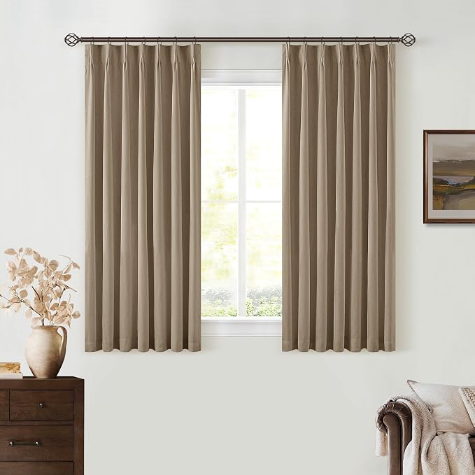 Light Brown Pinch Pleat 100% Blackout Linen Curtains 2 Layers 45 Inch Long | Memory Trained, Thermal Insulated, UV Blocking, Noise Reducing, Room Darkening, Black Out Short Curtains for Kitchen 2 Panels