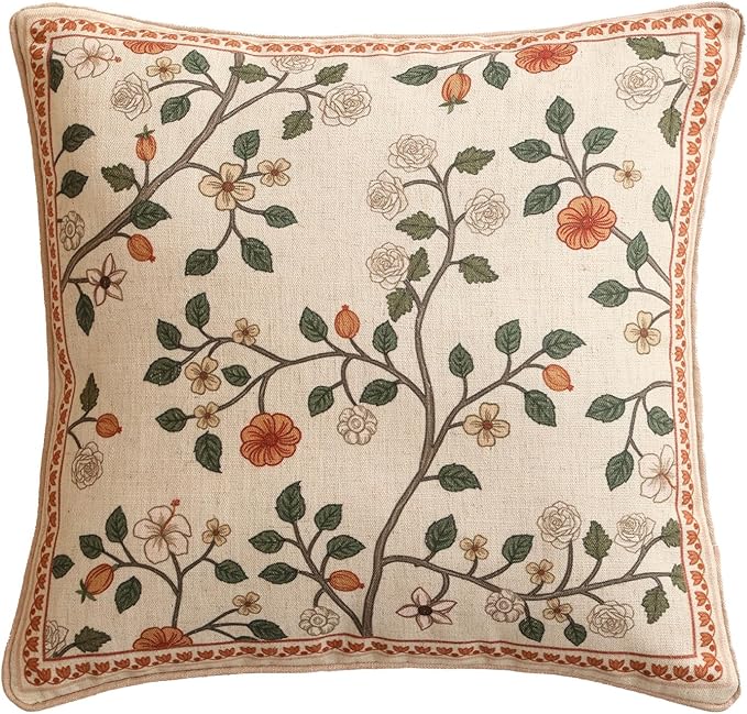ISAENNE Designer Elegant Vintage Linen Throw Pillow Cover,18"x18"-Flora A | French Square Decor Pillow Cover,Concealed Zipper Design,Floral Pattern,Sofa,Bedroom,Living Room,Lounge Chairs