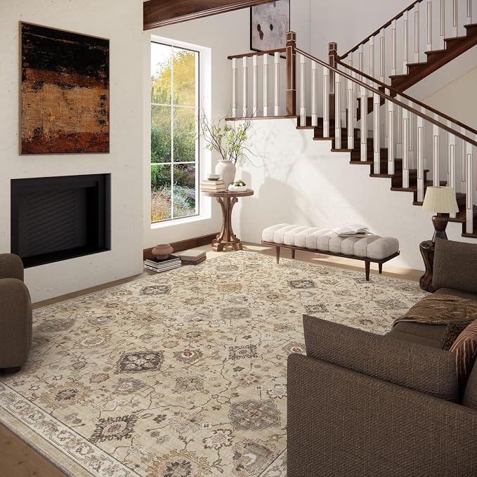 Machine Washable Rug for Living Room: 10x14 Area Rugs Boho Vintage Rug Stain Resistant Non Slip Low Pile Soft Lightweight Carpets for Bedroom Kitchen Dining Room Nursery Kids Room Farmhouse