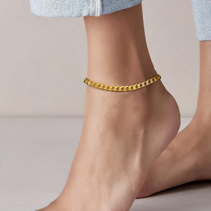 GoldChic Adjustbale Link Chain Anklet for Women Summer Jewelry, 316L Stainless Steel Figaro/Wheat/Twist Rope/Cuban Foot Bracelet-Waterproof, Resizable 9"-12" (Gift Box Included)
