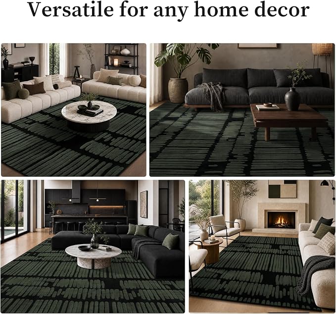 YIHOUSE Abstract 6x9 Area Rug Olive Green: Washable Geometric Rug | Modern, Textured High Low Pile, Fluffy Soft, Striped Carpet for Living Room, Bedroom, Dining Room, Home Office Decor