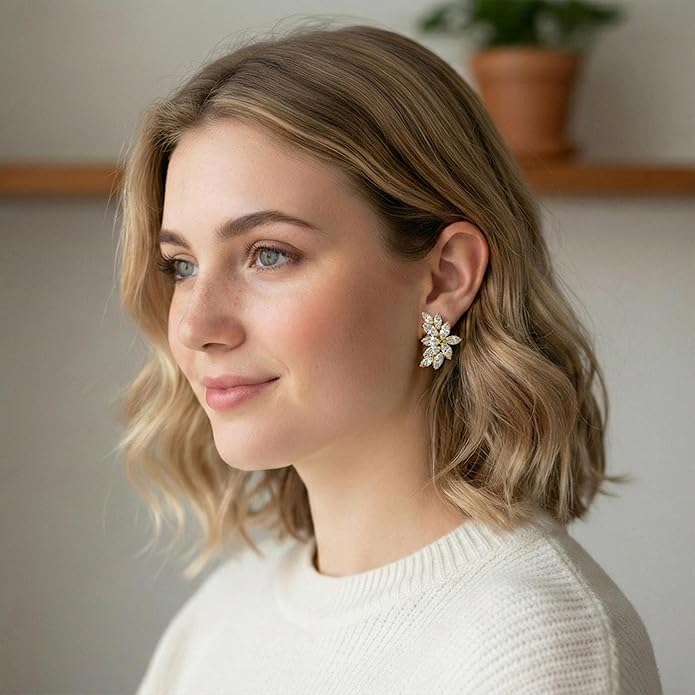 Mariell Clip-On Cubic Zirconia Crystal Bridal Earrings, Marquise Shape CZ Curved Clusters, Women Earrings for Wedding, Bridesmaids, Homecoming, Mother of the Bride