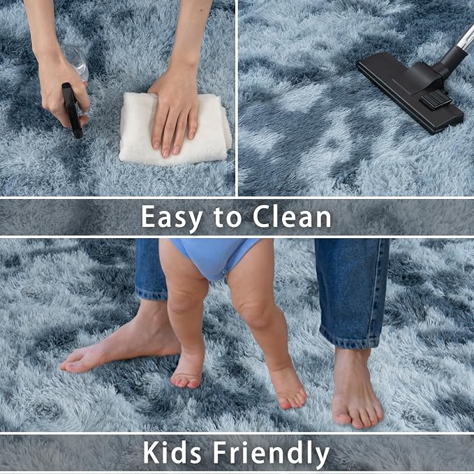 9x12 Area Rugs for Living Room, Dark Blue Tie-Dyed Plush Fluffy Carpet | Upgrade Non-Slip Thick Large Blue Area Rug for Nursery Kids Room Dorm Room Home Decor, Indoor Plush Floor Carpet