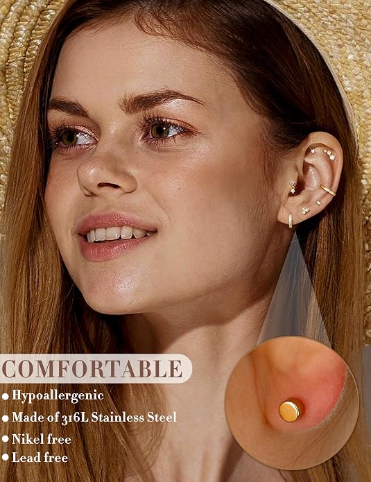 Florideco Small Stud Hoop Earrings for Women Hypoallergenic 14K Gold Plated Surgical Stainless Steel Flat Back Earrings Dainty Hoop Stud Earring Stacks Cartilage Earring Set for Multiple Piercing