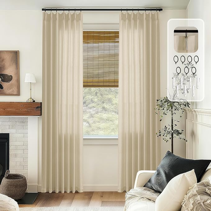 Beige Linen Semi Sheer Curtains 96 Inches Long Pinch Pleated Curtain | for Living Room Bedroom Dining Room, Memory Shape Trained, Pinch Pleat Drape, 96 Inch Length, Boho, Back Tab Curtain, 1 Panel