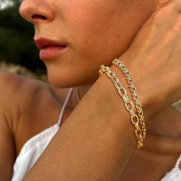Dremmy Studios Gold Bracelet for Women 18K Gold Plated Dainty Paperclip Cubic Zirconia Disc Coin Star Cable Satellite Bead Pearl Simple Boho Minimalist Stacking Layered Link Jewelry Gift