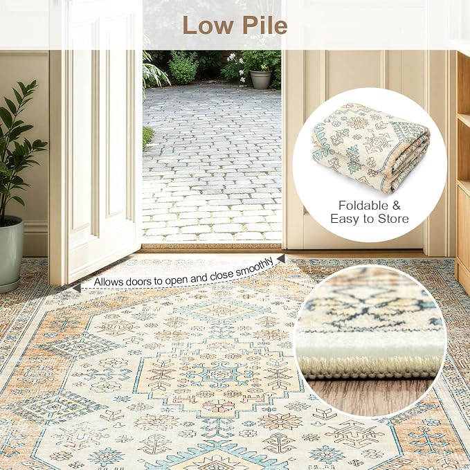 Lofus Vintage Living Room Rugs 8x10, Soft Machine Washable Area Rug for Bedroom Indoor Floor Home Office House Decor, Oriental Traditional Distressed Farmhouse Carpet, Boho Beige and Orange
