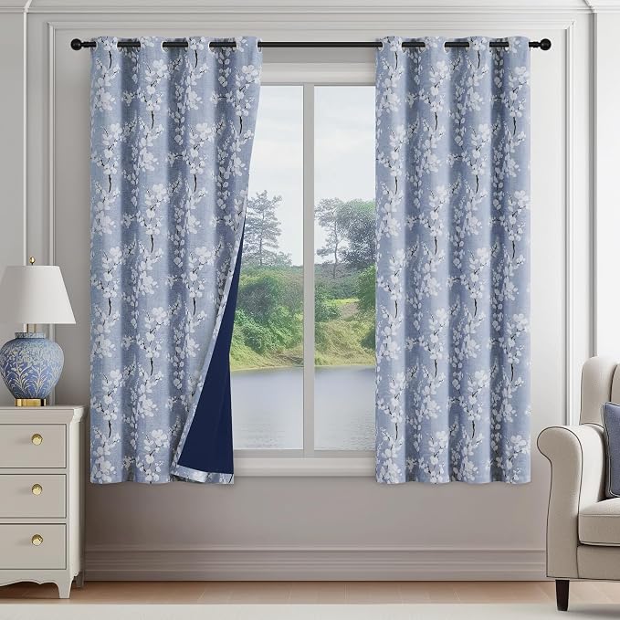 FMFUNCTEX 100% Blackout Blue Floral Curtains 54 Inch Long Grommet 2 Panels | Black Out Drapes, Thermal Insulated Cottage Farmhouse, Blossom Flower Patterned Curtain for Bedroom, Living Room Darkening